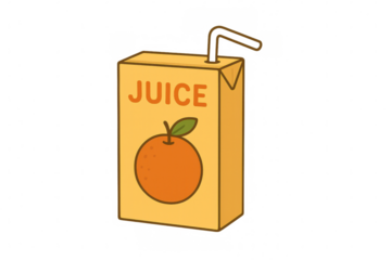Orange juice box with bright graphic design, straw piercing lid, transparent background illustrating refreshing beverage packaging