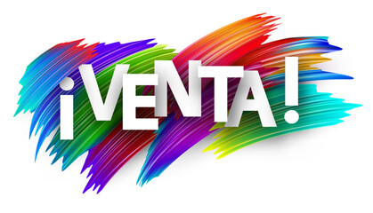 Vector illustration featuring the Spanish word for sale in bold white letters over a colorful abstract paintbrush background. Spanish promotional design.