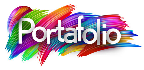 White text shows the Spanish word for Portfolio on a colorful brushstroke background. Vector illustration.