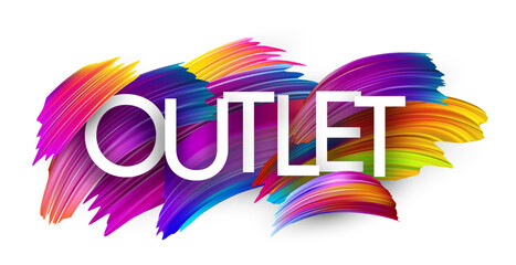 Obraz premium Vector illustration featuring the word Outlet with bold white text over abstract multicolor paint strokes.