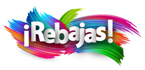 Vector illustration featuring the Spanish word for sale with bold white text over a vibrant brushstroke background. Spanish language shopping promotion.
