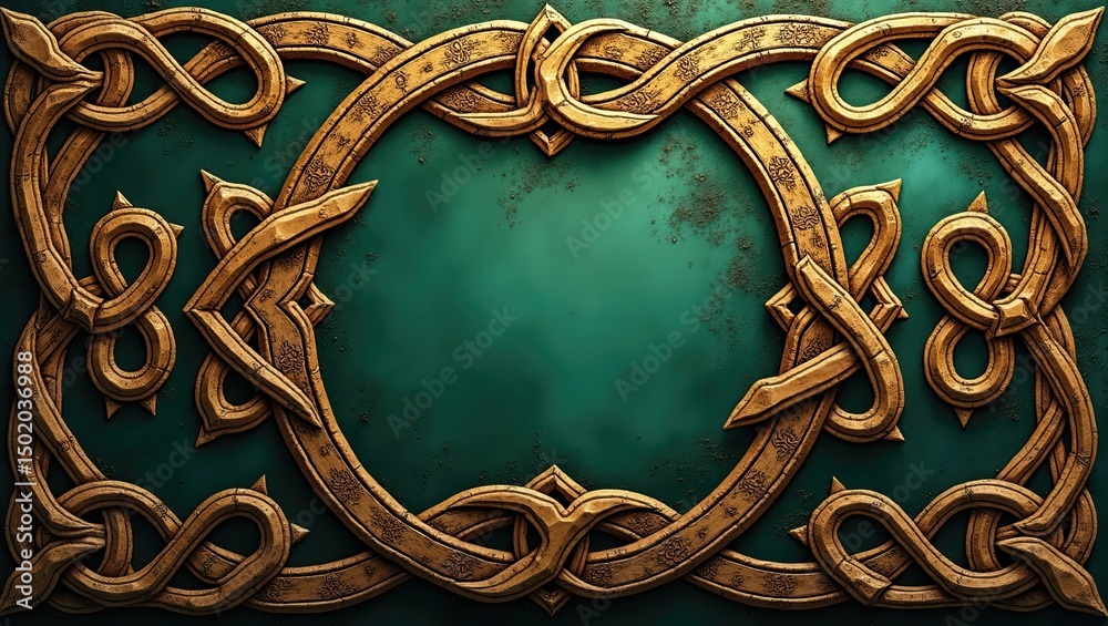 Poster Celtic Frame Design With Intricate Patterns and a Rich Emerald Background Texture