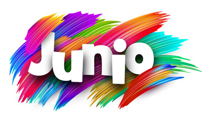 Fototapeta premium Spanish word meaning June in bold white letters over vibrant multicolor vector brush strokes