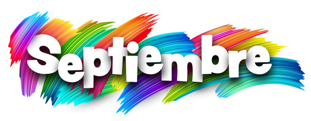 The Spanish word for the month of September shown in bold white text with vibrant multicolored brush strokes behind it