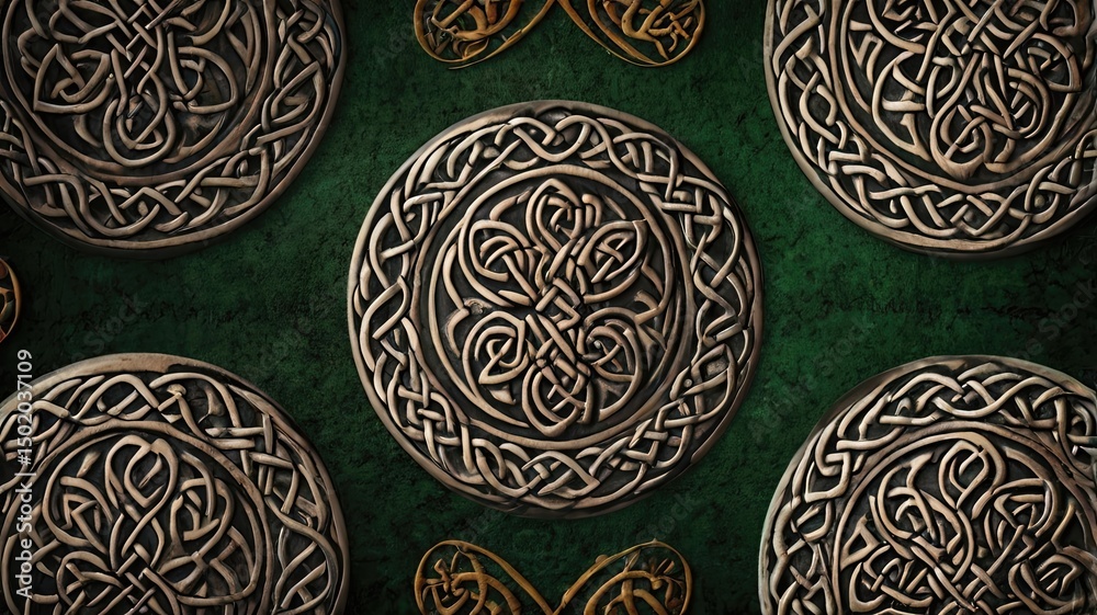 Poster celtic patterns showcasing intricate knot designs on a vibrant green background for decoration