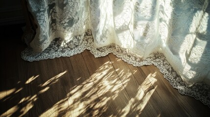 Sunlight filtering through sheer lace curtains