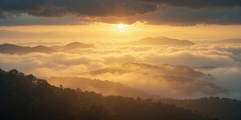 Obraz premium Golden Sunbeam Rays Piercing Through a Misty Morning Sky A breathtaking ethereal sky scene with golden sun rays cutting through