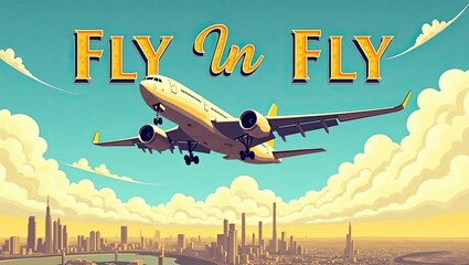 Travel Experience in Urban Skyline With Airplane Soaring Above Clouds at Sunset