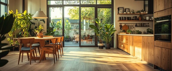 Sunlit interior showcasing a modern kitchen with wooden furniture and lush greenery