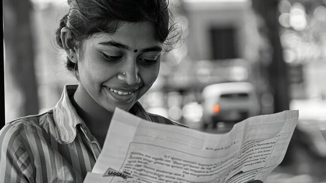 A joyful Indian woman reads a document in an outdoor setting, her smile reflecting her engagement and enjoyment of the content.