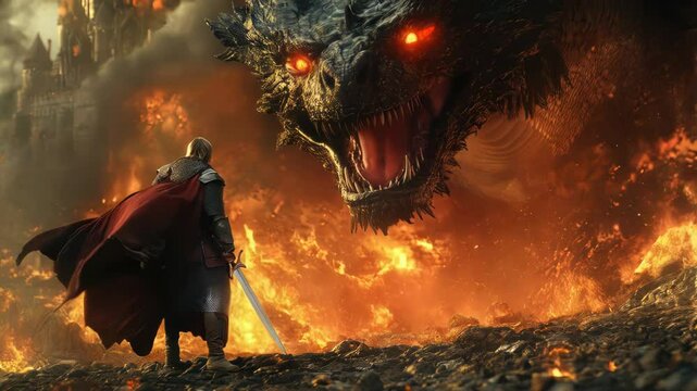 Knight with a sword standing before a dragon surrounded by flames and lava. The concept of fantasy and medievalism.