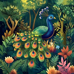 Colorful peacock in a lush jungle setting.