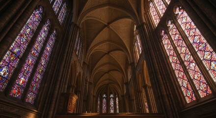 Gothic cathedral stained glass window, old religious architecture interior in Europe
