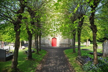 View of a tree lined path in a church yard