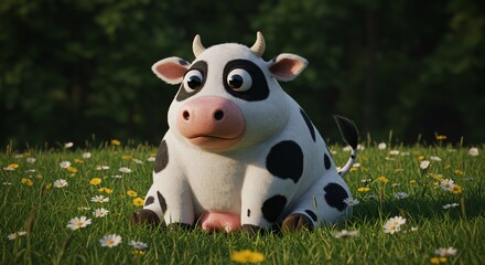 Cute cartoon farm cow on green meadow grass, happy and fun domestic mammal illustration