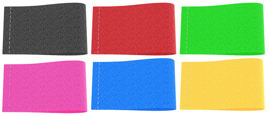 Blank Colored Clothing Labels with Stitch Line. 3D rendering isolated on transparent background