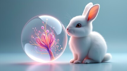 Serene White Rabbit Gazing at a Hyper-Realistic Holographic Orb Projecting Colorful Human Tissue, Blending Nature and Advanced Technology in a Dreamy, Ultra-High Resolution Illustration.