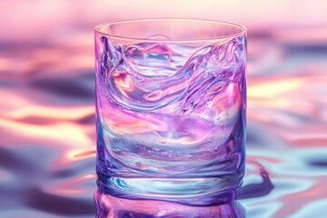 A glass of shimmering liquid, with hues of pink and purple, sitting on a reflective surface.