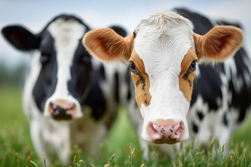 Two Dairy Cows Grazing in a Lush Green Field with Soft Focus and Eye Contact Black and White and Brown Fur Close Up Portrait in the Meadow During Summer