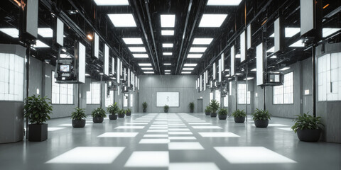 Quantum Computing Aesthetic Minimalist industrial space with design elements inspired by quantum physics visualization. Suspended light arrays create three-dimensional matrix