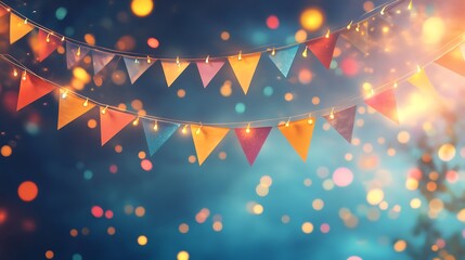 Colorful triangular flags strung with fairy lights against a blurred background of bokeh lights.