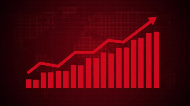 Business bar and line graph animation on a dark world map background, symbolizing global economic growth