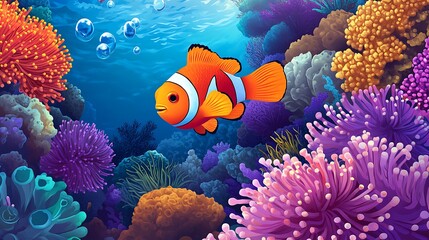 Vibrant coral reef scene with a clownfish.