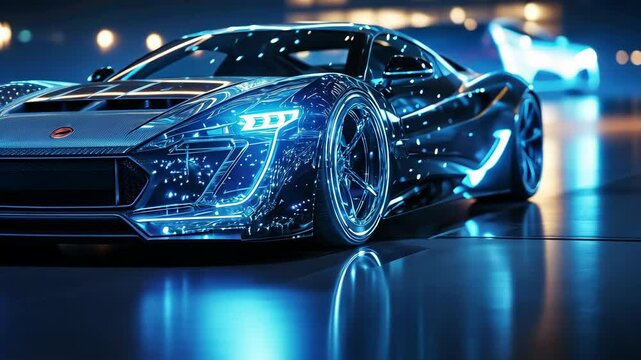 Futuristic sports car with neon light effects and digital design. High speed concept.