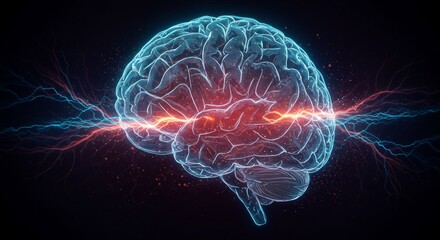 Abstract human brain in motion with glowing blue fractal energy and plasma lightning patterns