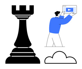 Chess rook symbolizing strategy, person holding media content browser, cloud graphic. Ideal for strategy, technology, business growth, digital marketing, content sharing, innovation simple landing