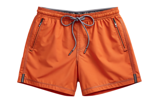 Stylish orange men's swim shorts with zippers and drawstring for fashion and beachwear