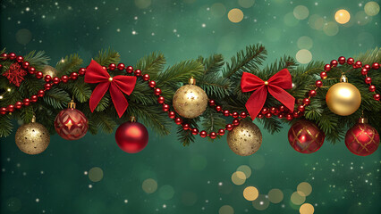 Naklejka premium Festive Christmas Garland with Red and Gold Ornaments and Bows