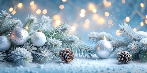 Frosted Pine Branches with Silver Christmas Ornaments and Pine Cones in Snowy Setting