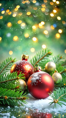 Fototapeta premium Festive Christmas Ornament Arrangement with Snow and Sparkling Lights