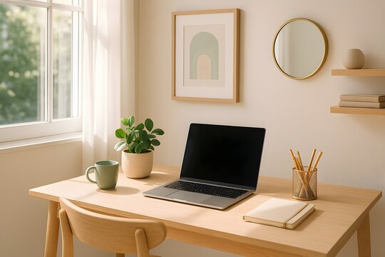 Modern Home Office with Laptop and Natural Light &ndash; Minimalist Workspace for Remote Work and Productivity
