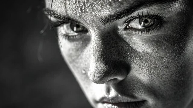 Confident woman with gritty expression, suitable for sports, business or challenge themes.