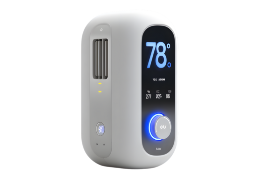 Modern Smart Thermostat Displaying Temperature and Settings on a Black Background