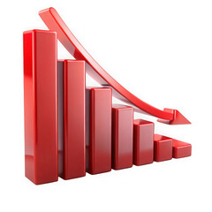 Red decrease bar graph representing financial decline and business recession with a transparent background