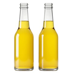 Two clear glass bottles filled with yellow liquid mockup isolated on white background