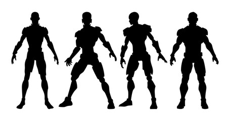 A Set of Black cyborg robot silhouette designs on a clean white background

