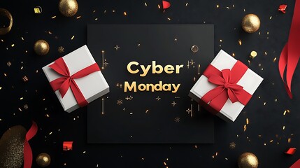 White gift box with red ribbon on a dark background for cyber monday promotion.