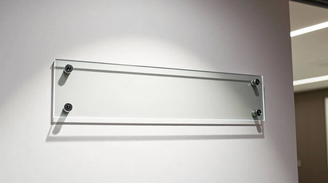 Blank glass nameplate design mockup, Signplate mock up on the wall near office entrance interior. Signage panel door number template. Clear printing sign board for branding near store
