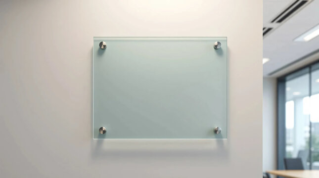 Blank glass nameplate design mockup, Signplate mock up on the wall near office entrance interior. Signage panel door number template. Clear printing sign board for branding near store