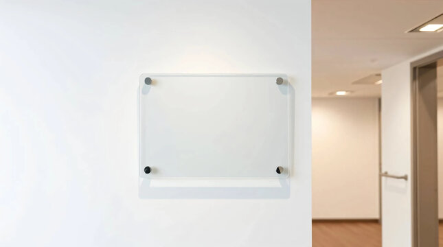 Blank glass nameplate design mockup, Signplate mock up on the wall near office entrance interior. Signage panel door number template. Clear printing sign board for branding near store
