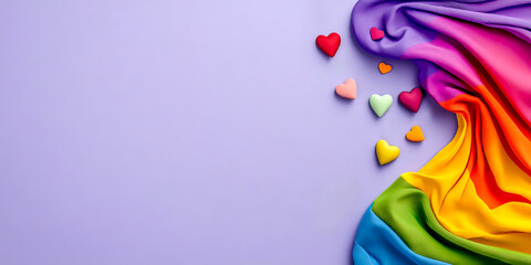 Fototapeta premium Flat lay of rainbow pride flag and heart decorations on purple background