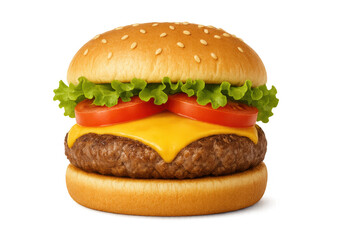 Gourmet cheeseburger with crisp lettuce, red tomato slices, melting cheese nestled between golden sesame buns, floating on clean backdrop