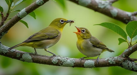 Parent Japanese White-eye Bird Feeding Chick on Branch
