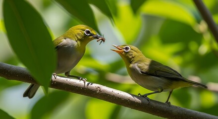 Japanese White-eye Birds Feeding Insect on Leafy Branch
