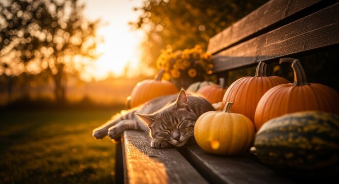 Tabby Cat Sleeping Peacefully on Bench with Autumn Pumpkins
