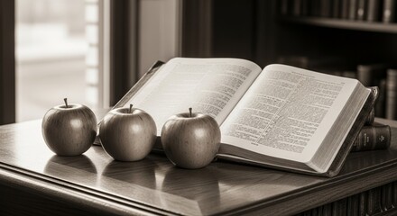 Open Book Two Apples Sepia Tone Still Life